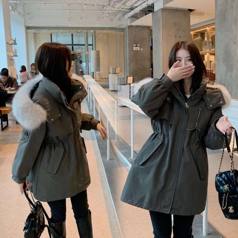 M-2XL Parka Women's Mid Length Winter New Loose Large Fur Collar Waist Down Cotton Coat Thickened Coat
