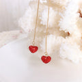 Vintage Cute Red Natural Stone Crystal Rhinestone Heart Shape Tassel Drop Earring Stainless Steel O Link Chain Stud Earrings