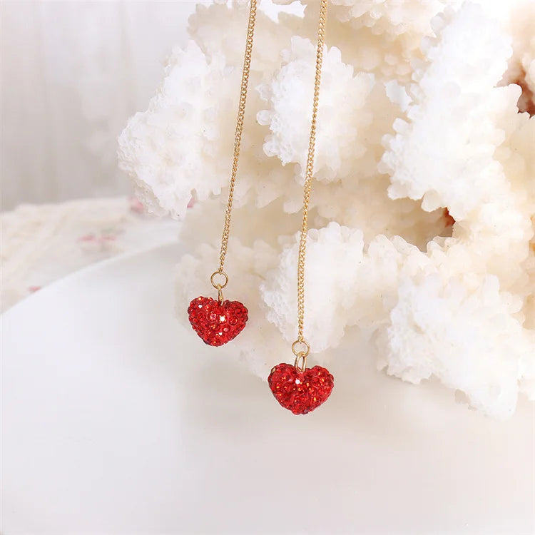 Vintage Cute Red Natural Stone Crystal Rhinestone Heart Shape Tassel Drop Earring Stainless Steel O Link Chain Stud Earrings