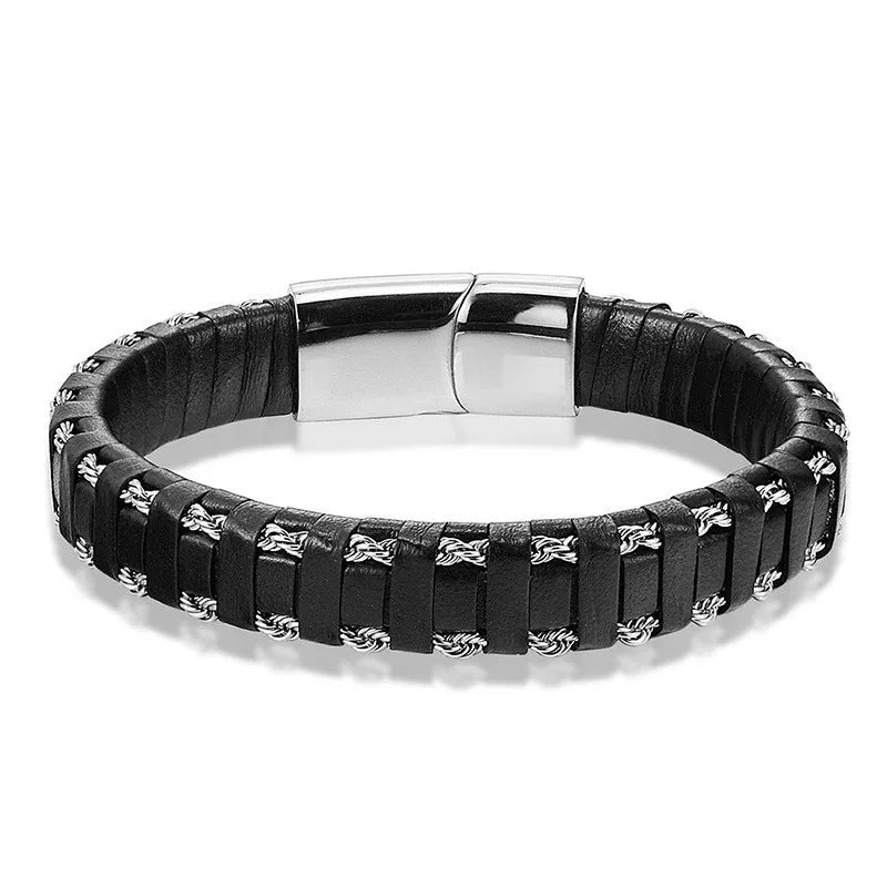 Real U PU Leather Bracelet Men's Fashion Charm Bracelets Stainless Steel Jewelry with Magnetic Clasp Homme Acier Inoxydable