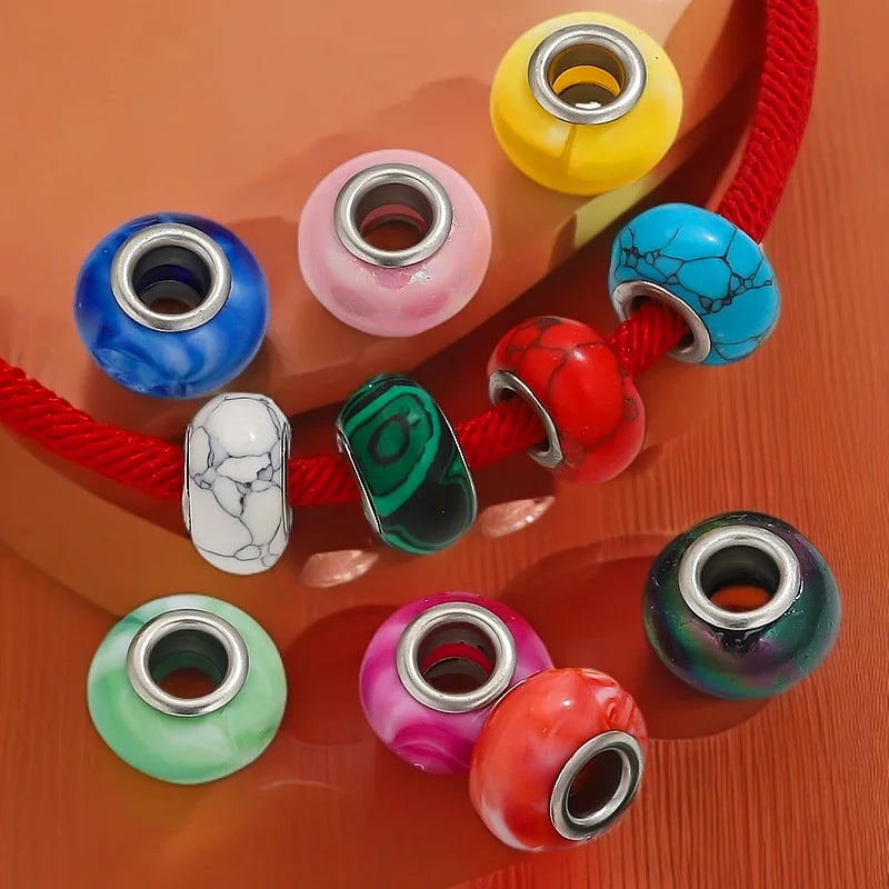 Colorful 14*9mm Stainless Steel Beaded Large Hole Flat Round Loose Beads DIY Bracelet Jewelry Accessories