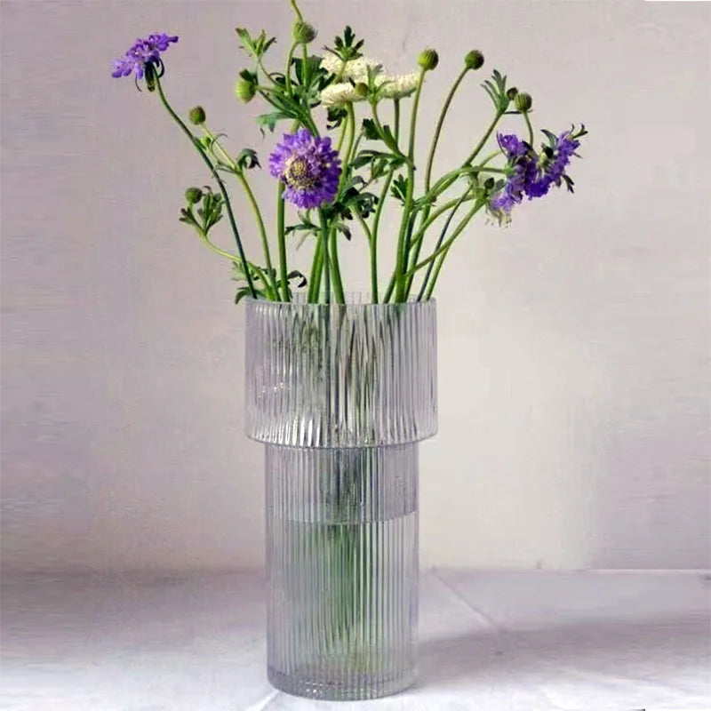 Art Deco Design Style Clear Glass Vase with Stripes Wide Mouth Tabletop Decoration for Northern Europe Ins Style