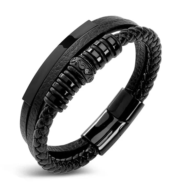 Simple Leather Multi-circle Hand Woven Bracelet Black Beads Stainless Bracelet Bangle For Men