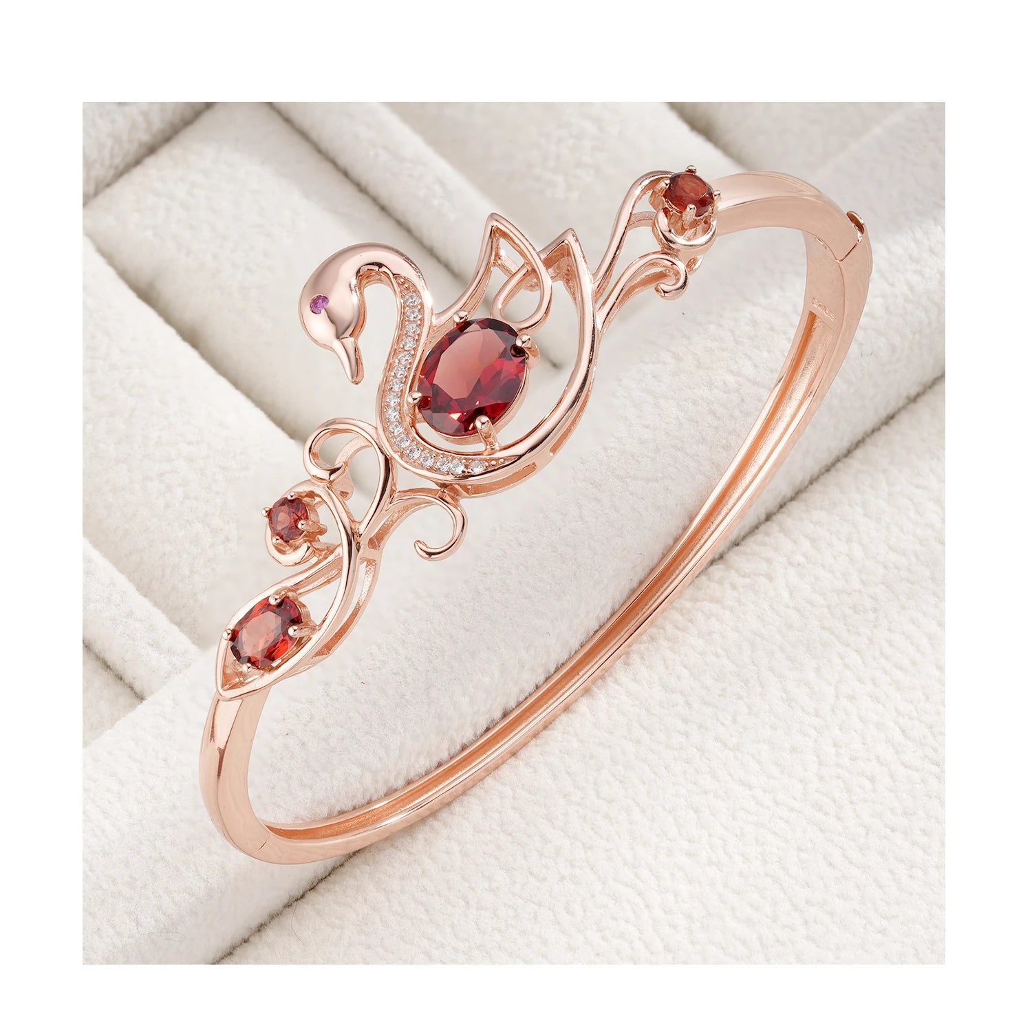 YBO 18K Rose Gold High Quality Natural Garnet Hollow Out Swan Women's Fancy Buckle Bangle Bracelets Hottest Selling Fine Bangles