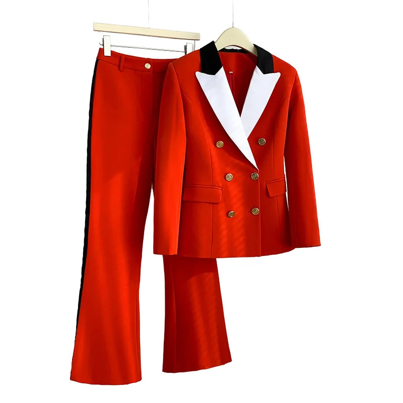 Factory Direct Sales Elegant Red Commuter Slim Suit Autumn Winter Long Jacket Casual Style Solid Pattern Stitching Top Blazer