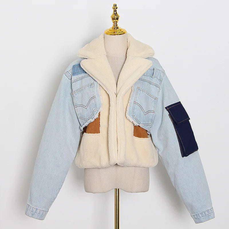 Casual Lamb Wool Blazer with V Collar Loose and Thick Denim Jacket