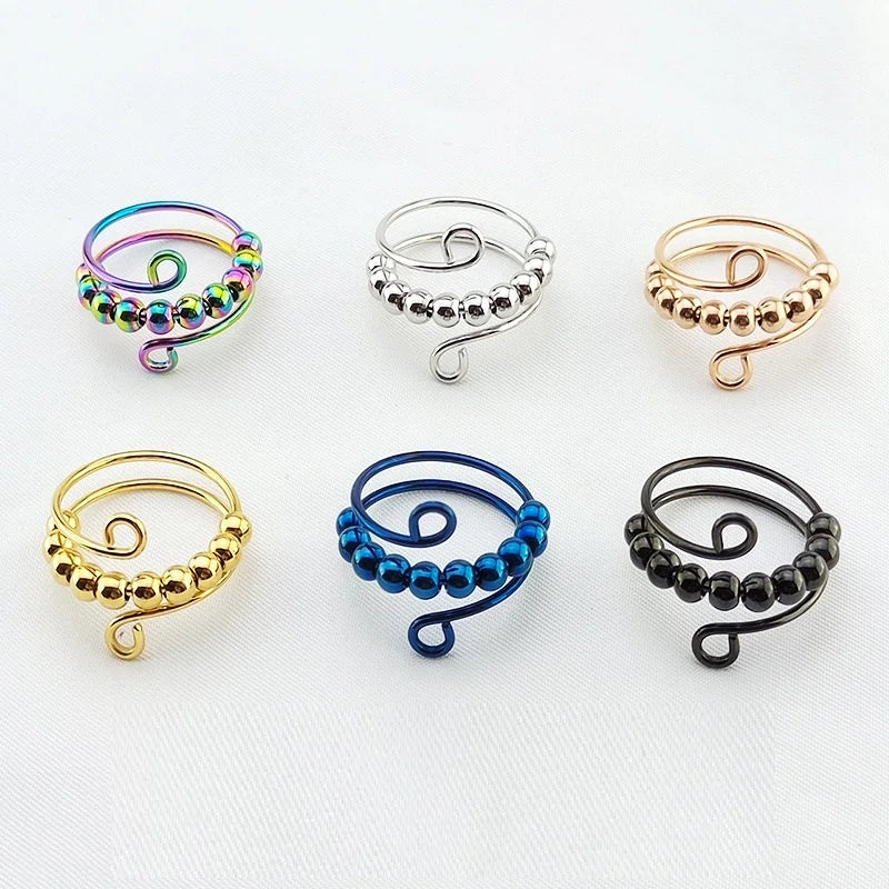 10 Beads Good Luck Stress Relief Ring Stainless Steel Double Layer Adjustable Decompression Rotatable Bead Ring