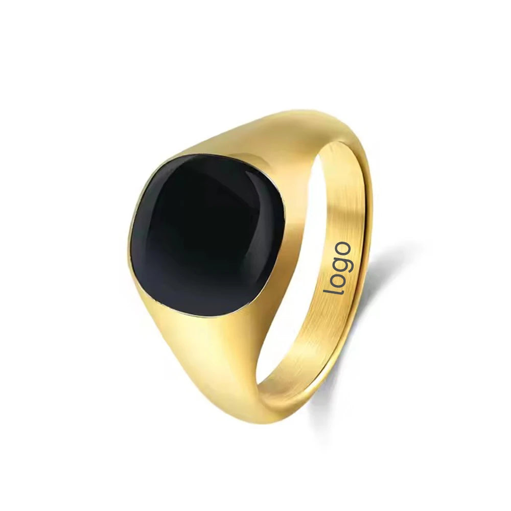 ShuoyeW New 12mm Stainless Steel Ring Gold Drop Oil Black Seal Basic Stainless Steel Ring Finger Rings laser logo Jewelry 640