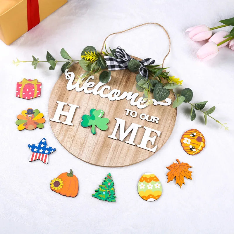 Christmas Easter Rustic Vintage Engraved Wooden Round Door Welcome Signs for Outdoor Indoor Home Decor