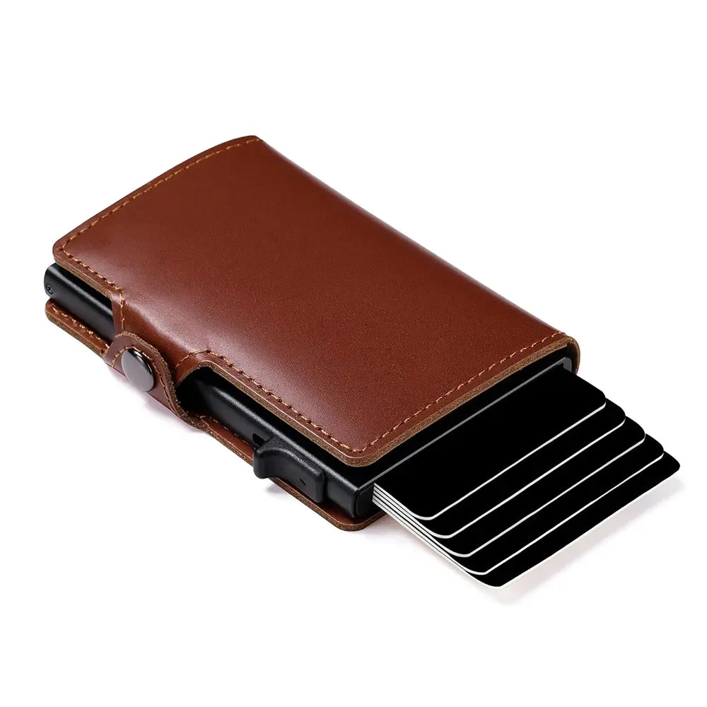 Automatic Pop-Up RFID Blocking Minimalist Metal Money Clip Slim Business Credit Card Holder Men's Genuine Leather Wallet