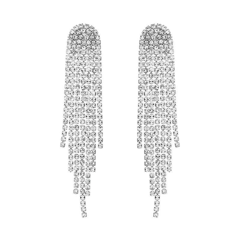 Wholesale Fashion Crystal Rhinestone Tassel Bridal Wedding Anniversary Earrings Opp Bag Women's Alloy Ethnic Silver Earrings