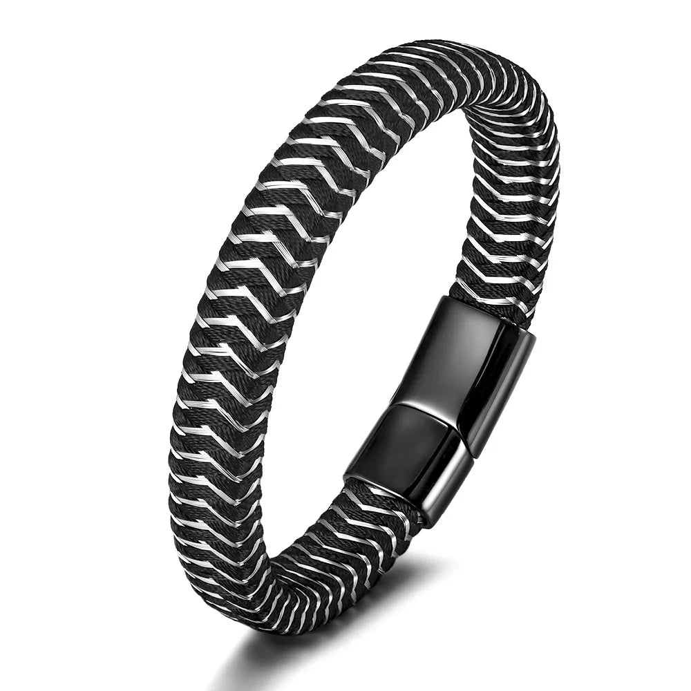 Punk Style Wire Braided Genuine Leather Bracelets Men's Jewelry Charm Stainless Steel Magnetic Clasp Leather Bracelet