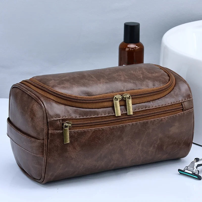 Custom Logo PU Leather Waterproof Travel Toiletry Bag with Hook | Luxury Men's Cosmetic Pouch & Makeup Organizer
