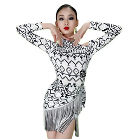 Classic Black and White Floral Latin Dance Dress Long Sleeve Split Dance Costume Performance Wear for Girls