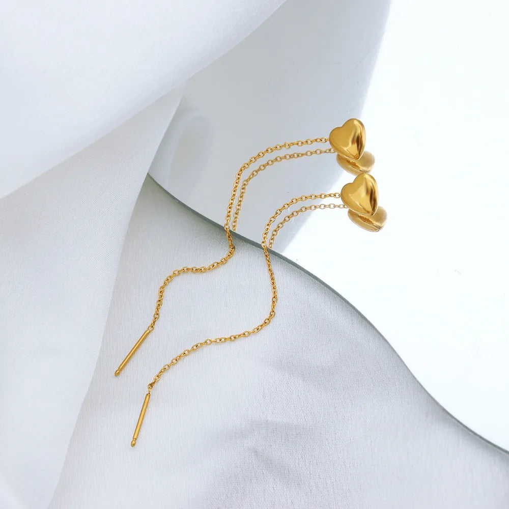 INS Style Exquisite Small Love Heart Stud Earrings Tassel Earrings Thread 18K Gold Niche Design Earrings Boucles Doreilles