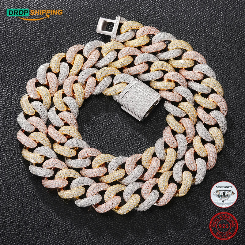 Dropshipping 20mm 3 Tones Gold Plated 925 Sterling Silver VVS Moissanite Diamond Iced Out Miami Cuban Link Chain Necklace