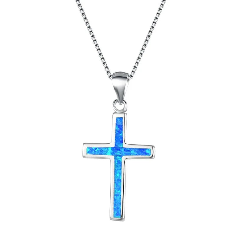 Wholesale 925 Sterling Silver Cross Opal Pendant Necklaces Fine Pendants & Charms Rhodium Plating Bezel Setting Simple Design