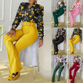 European and American Women's Casual Suit Printed Standing Collar Long Sleeved Shirt Top Wide Leg Pants Two-Piece Set