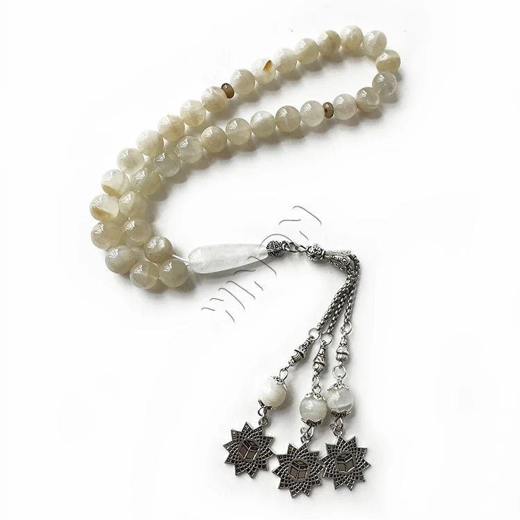 White Moonstone Real Stone Islamic Muslim Pendant Divine Mercy Prayer Rosary Beads / Masbaha Subha Chatolic Rosary