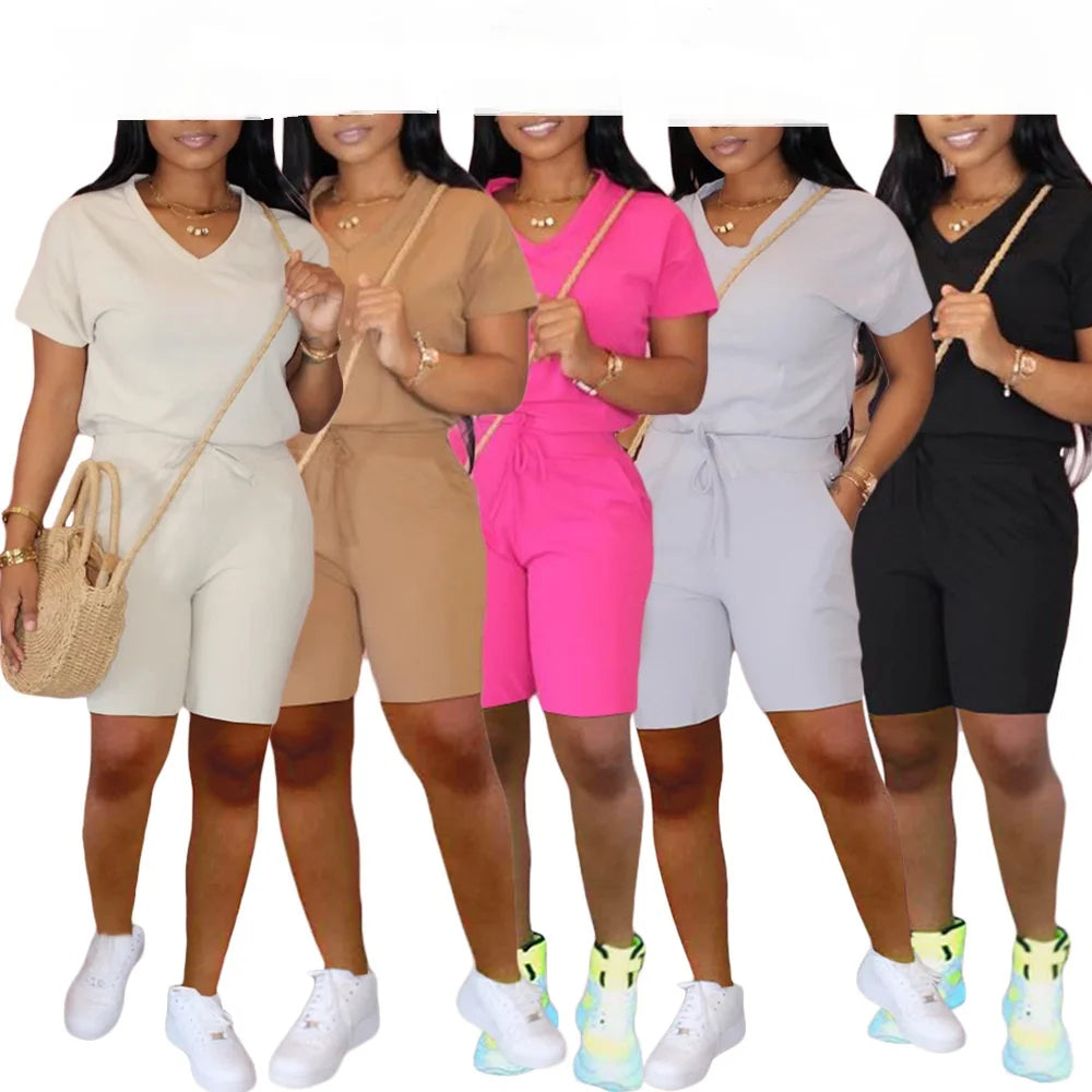 Women Tracksuit 2 Piece Set Solid Short Sleeve Crop Tops T-Shirt Short Pants Suit Matching Set Female Joggers Sportswear Fitness