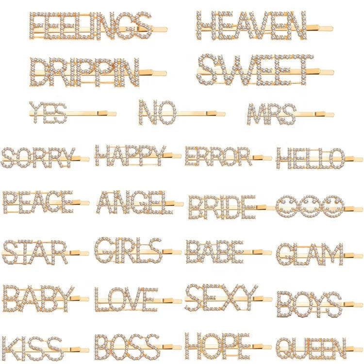 Hot Sale Hair Accessories Crystal Letter Rhinestone Hair Clips Metal Hairgrip Hairpin Custom Word Hair Pins for Girl