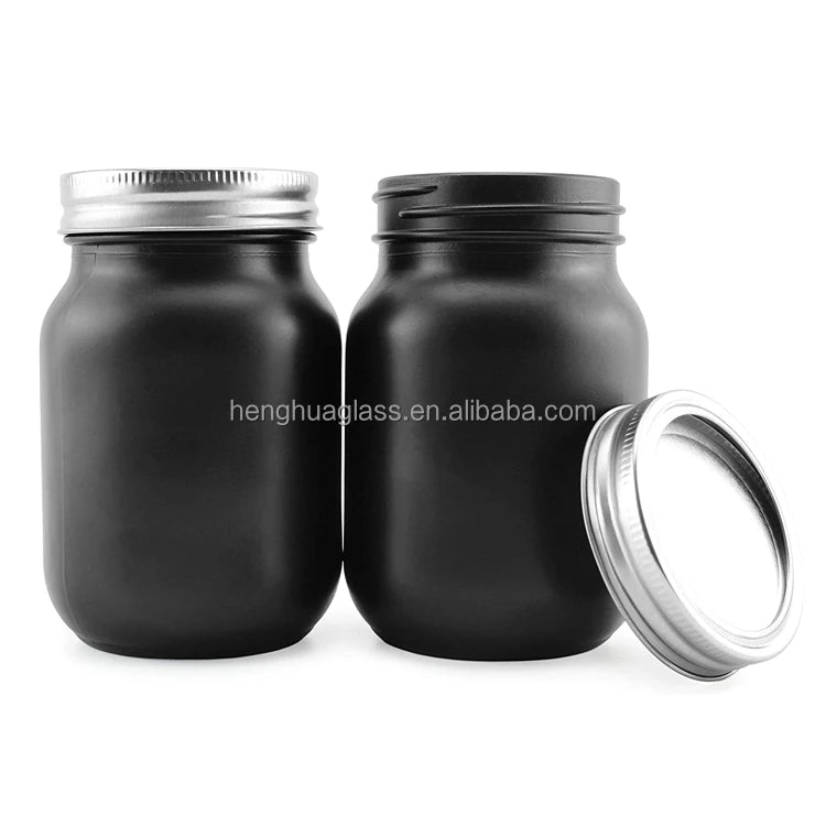 Manufacturer Custom Matte Black Color Glass Mason Jars 16oz Square Gift Glass Storage Food Container Jar With Silver Metal Lid