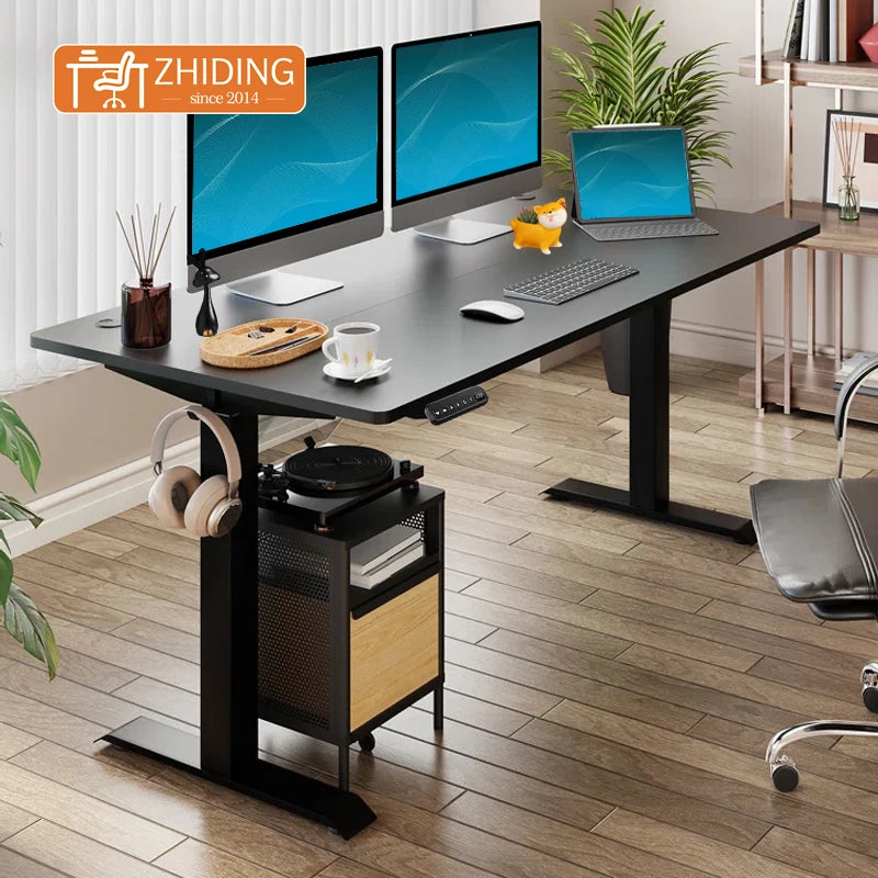 Home Office Desk with Variable Height Leg Solid Wood Table Top Standing Desk Sitz-Steh-Schreibtisch