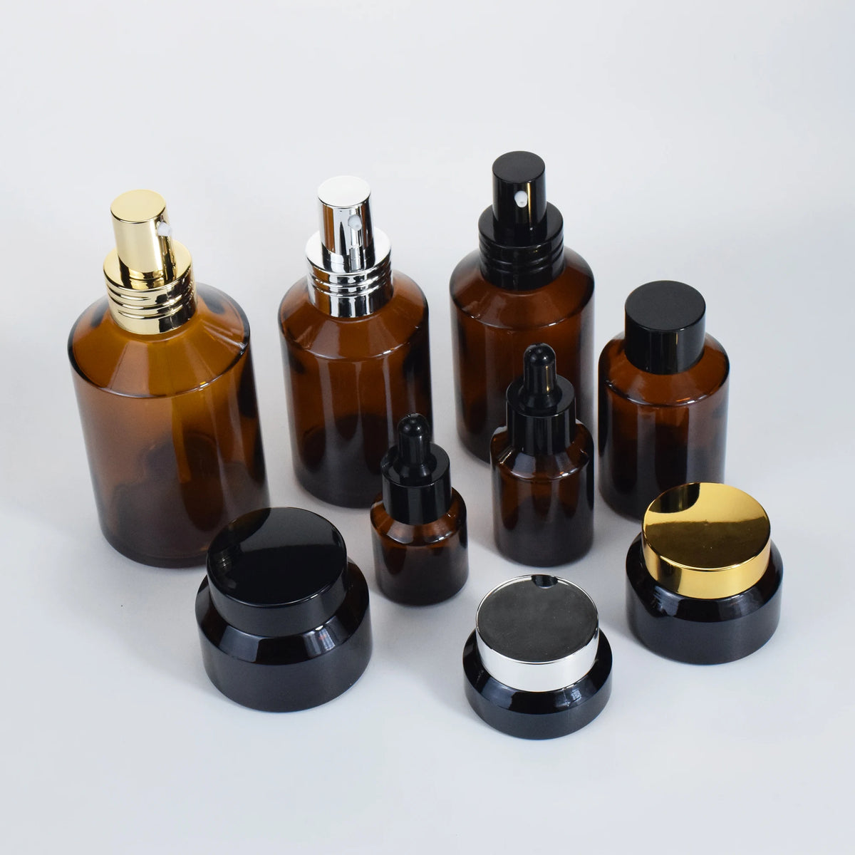 Cosmetic Packaging 15ml-100g Amber Slant Shoulder Glass Bottle With Gold Lid/Pump/Droppers/Screw Caps