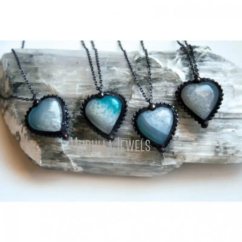 NM40649 Aqua Agate Heart Crystal Necklace Minimal Heart Teal Agate Layering Necklace White Blue Agate Heart Valentine Necklace