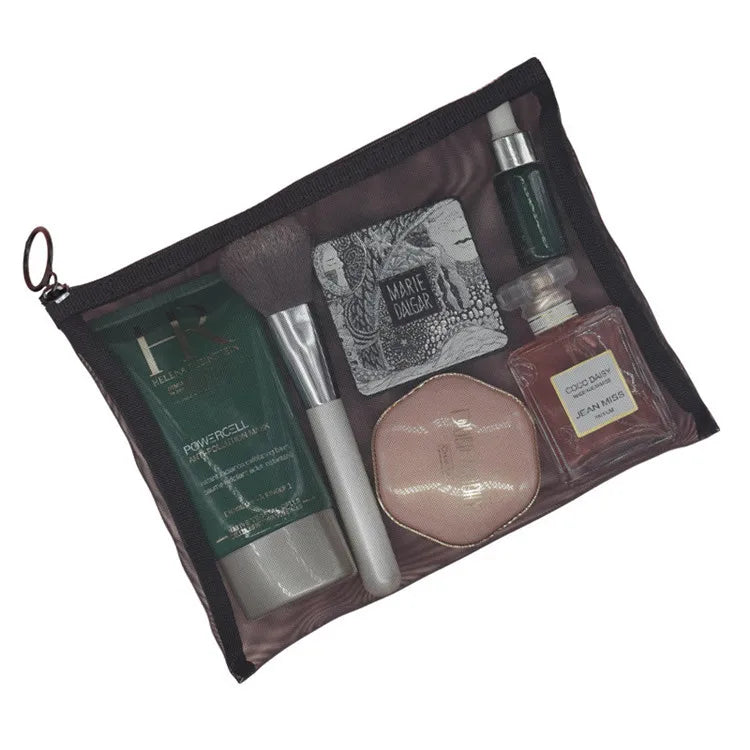 XXN Women's Travel Fashionable Nylon Black Net Mesh Cosmetic Organizer Zipper Closure Letter-Style Promotional Makeup Bag