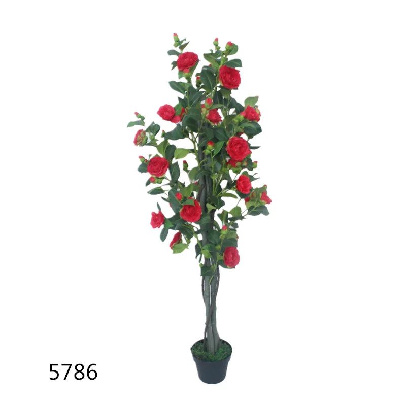 5786 Home Decor Artificial Camellia Bonsai Tree with Green Leaves and Flowers 135cm for Interior Design
