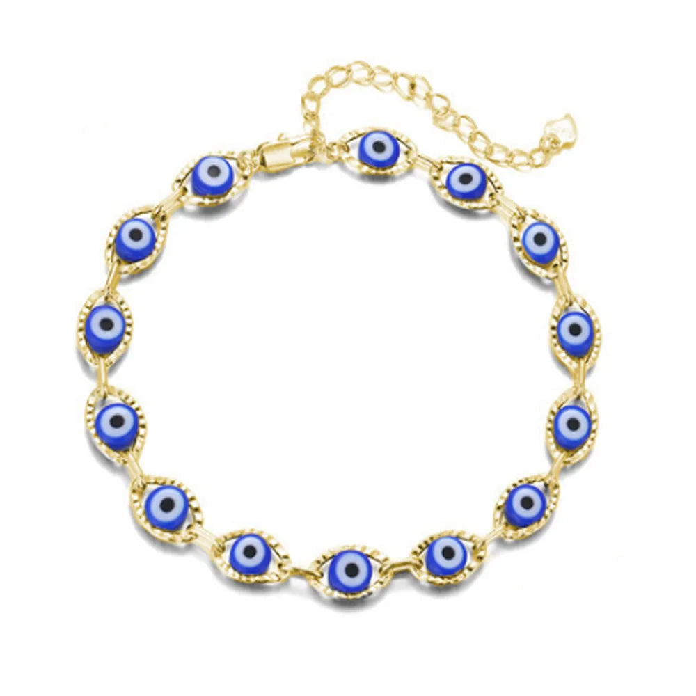 Brass Alloy Blue Turkish Evil Eyes Bead Beaded Chain Charm Bracelet Anklet and Necklace Jewelry
