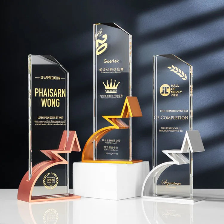 Gold Silver Bronze Red Metal Stand Crystal Trophy Awards MH-NJ0227