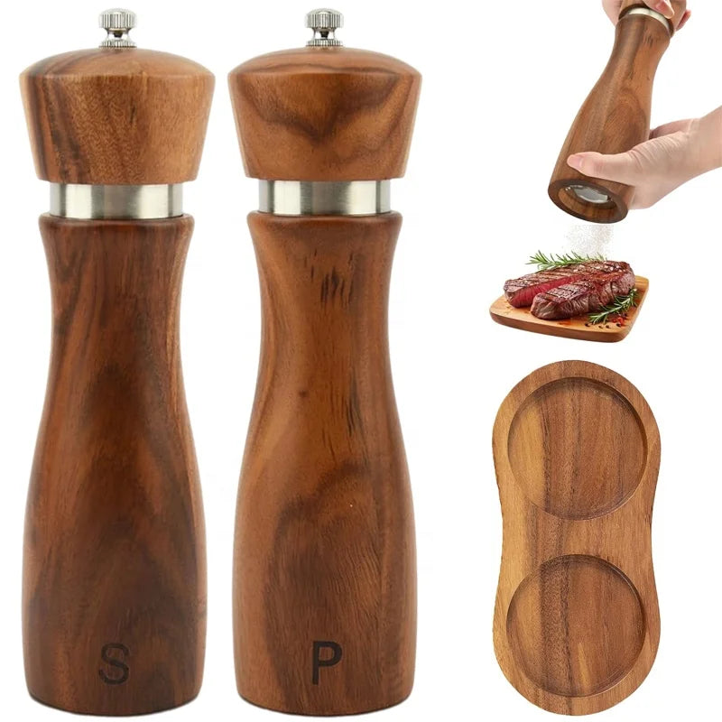 Wooden Pepper Mill Salt Mill With Tray Adjustable Coarsenes Manual Acacia Wood 8 Inch Elegant Pepper and Salt Grinder Set