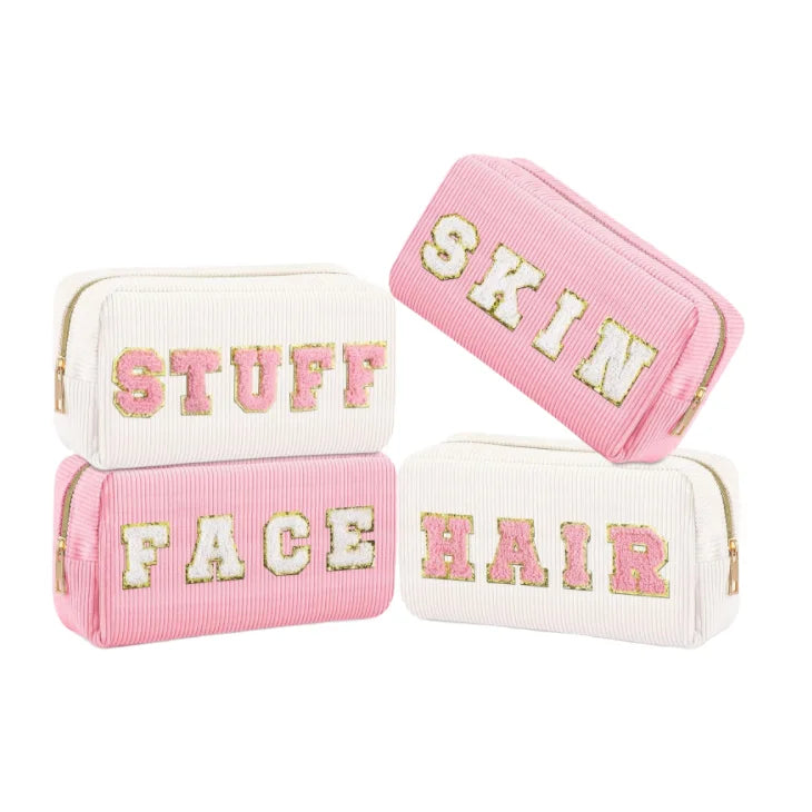 Customized Logo Corduroy Small Portable Personalized Letter Patches DIY Custom Travel Toiletry Makeup Cosmetic Bag for Women