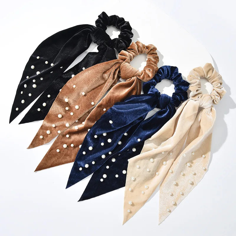 Vintage Velvet Pearl Long-Tail Scrunchie Handcrafted Hairband for Festivals