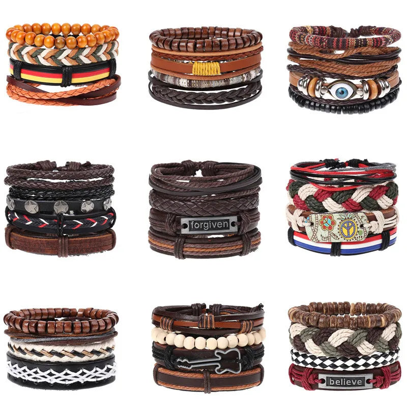 Vintage Eye Guitar Believe Leaf Bracelet Woven Leather Bracelet Set Braided Men Leather Bracelet