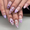 24 Pcs French Fresh Manicure Purple Ombre 3D Flower Nail Overlays Almond Shape Acrylic Press on Nails Customize False Nails 3503
