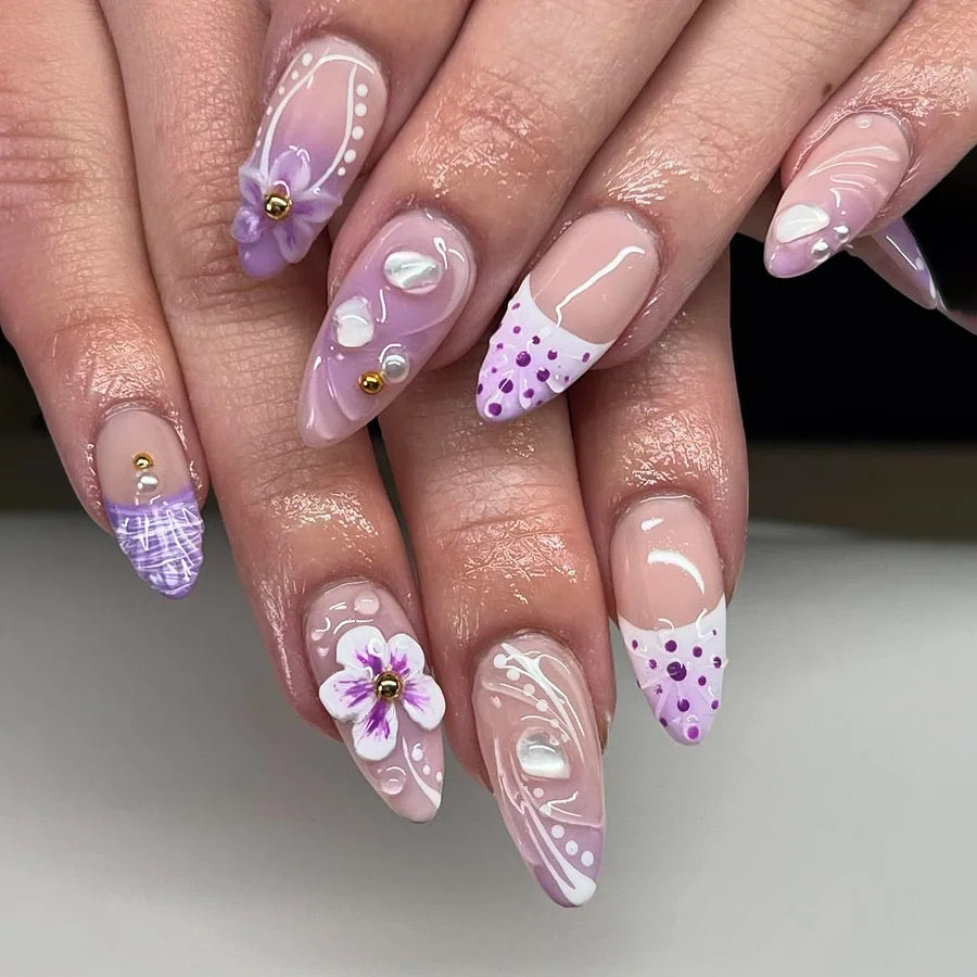 24 Pcs French Fresh Manicure Purple Ombre 3D Flower Nail Overlays Almond Shape Acrylic Press on Nails Customize False Nails 3503
