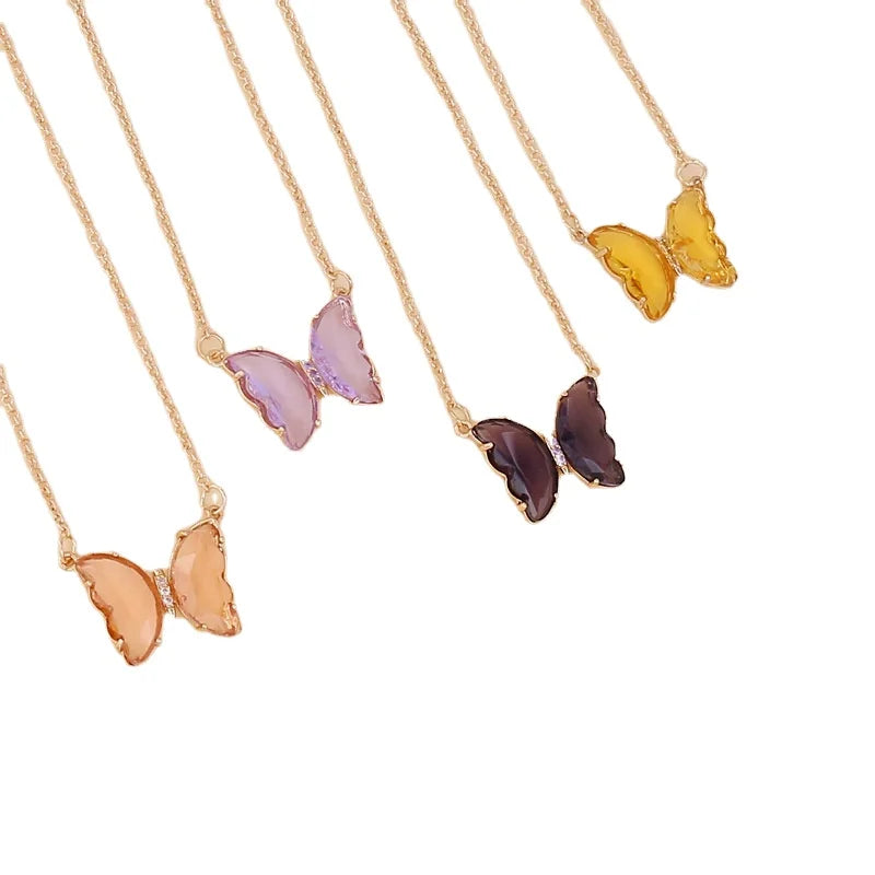 Popular Multicolor Glass Charm Luxury Woman Statement Lady Collar Butterfly Pendant Necklace
