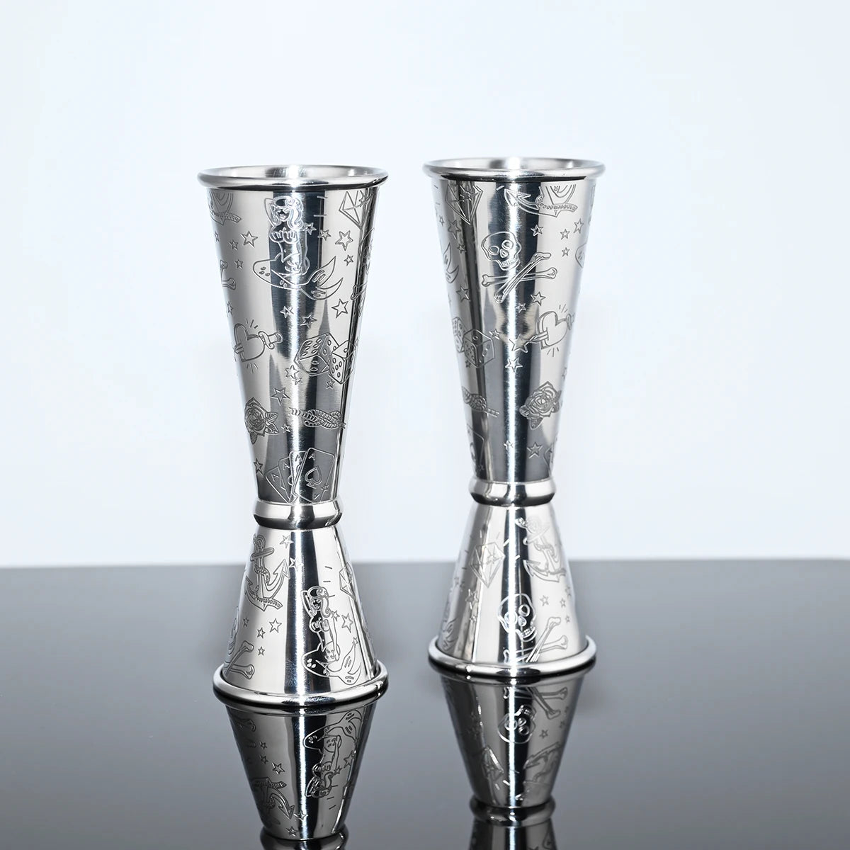 1/2oz Metal Cocktail Measuring Cup Silver Etching Pattern 30/60ml  Stainless Steel Bar Japanese Double Jigger