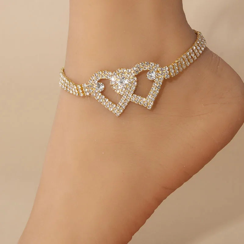 Rinhoo Silver Gold Ankle Bracelet Claw Tennis Chain Full Rhinestone Heart Pendant Anklet Summer Beach Ankle Feet Chain Jewelry