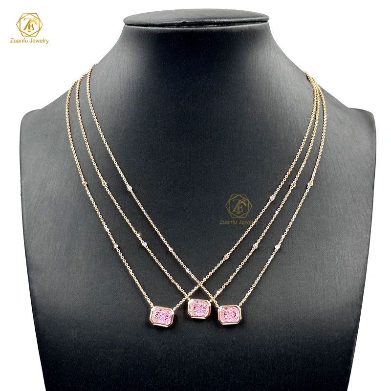 Hot Sale 925 Sterling Silver Pink Yellow Octangle Zircon High Carbon Diamond Chain Necklace Pendant for Women