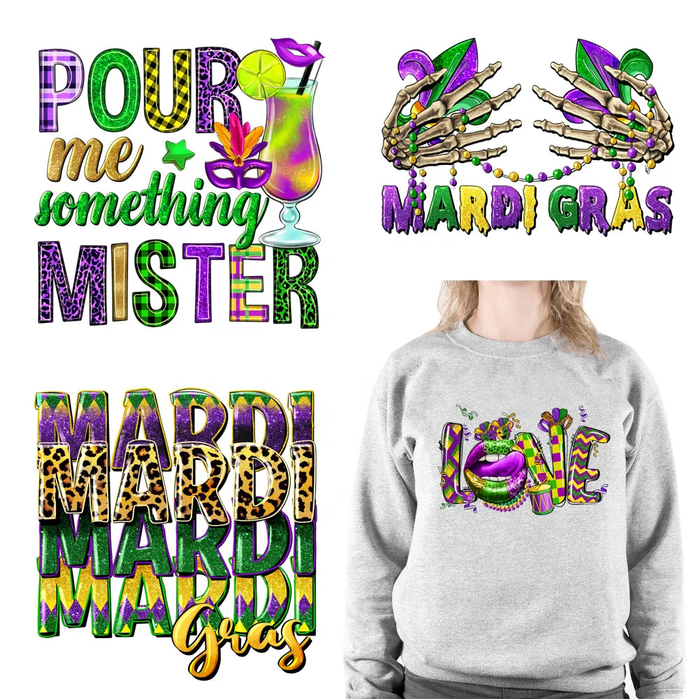 New Arrival Mardi Gras Leopard DTF Iron on Sticker Peace Love Mardi Gras Heat Transfer Stickers for T Shirts Clothes