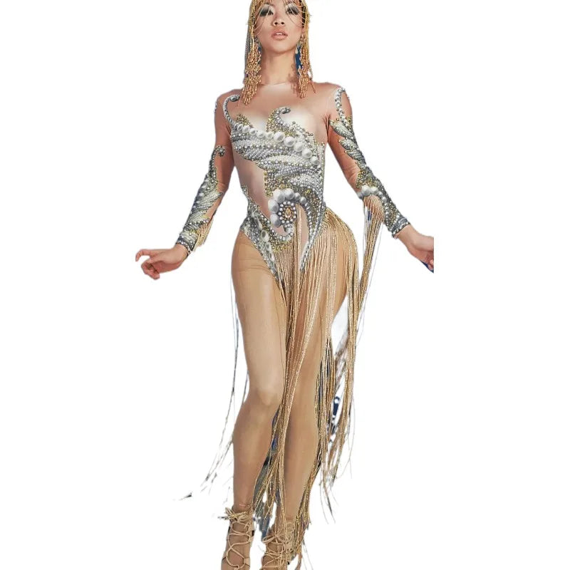 Pearls Rhinestone Long Tassel Bodysuits Women Sexy Exotic Dance Wear Festival Stage Performance Clothing