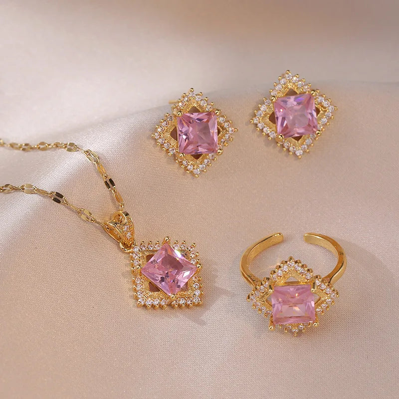 Light Luxury Pink Zircon Jewelry Set Geometric New Design Pendant Crystal Set Stainless Steel Chain Necklace Earrings Set