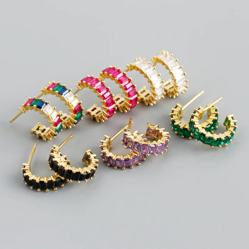 Hypoallergenic Multicolor 925 Sterling Silver Hoop Earrings Pave Rectangle Black Green Stone Zirconia  Earrings for Women YF3253