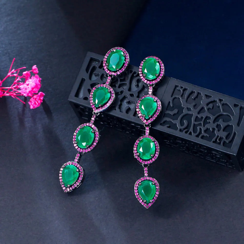 Elegant Fuchsia Green CZ Tear Drop Oval Cut Cubic Zirconia Stones Long Drop Earrings for Women Party Wedding Jewelry Accessories