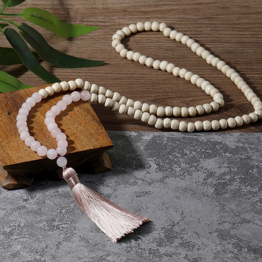 Bohemian Style Fashion Energy Yoga Pink Natural Stone Rose Quartz Crystal Wooden Beaded Long Tassel Necklace for Women Girls