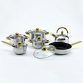 Low Price Non Stick Pots and Pans Stainless Steel 12pcs Cookware Set with Gold Handle